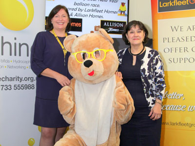 Left to right: Shine CEO Kate Steele, Benny Bear and Helen Jones of Larkfleet at the start of the fundraising campaign.